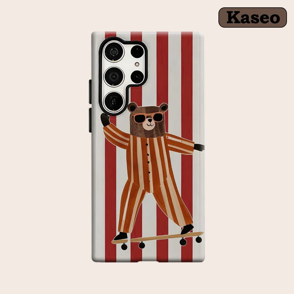 Kaseo Phone Case for Samsung Galaxy S26 S25 Ultra S24 S23 Ultra Plus Shockproof Double Layer Retro Striped Skater Bear Cover