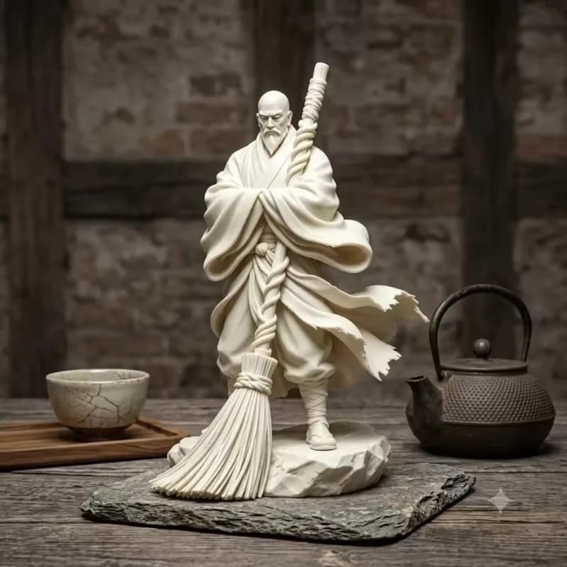 Zen Oriental Monk Figurine with Broom Flowing Robe Elder Sculpture Chinese Style Statue for Tea Room Meditation Table Decor