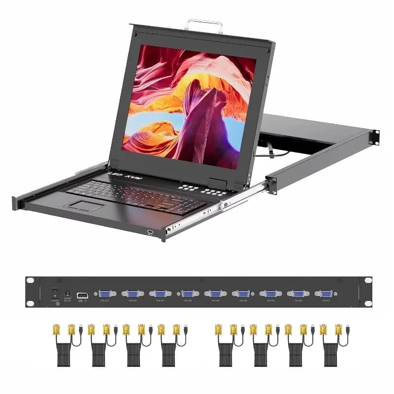 1U Rack Mount KVM Console with 17 Inch LCD Monitor and 8-Port VGA Interface  for Cable Keyboard Touchpad for