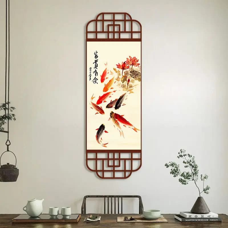 Nine Koi Fish Tapestry Wall Hanging, Lotus Abundance Canvas Art for Living Room Corridor Dining Study Background House Decor