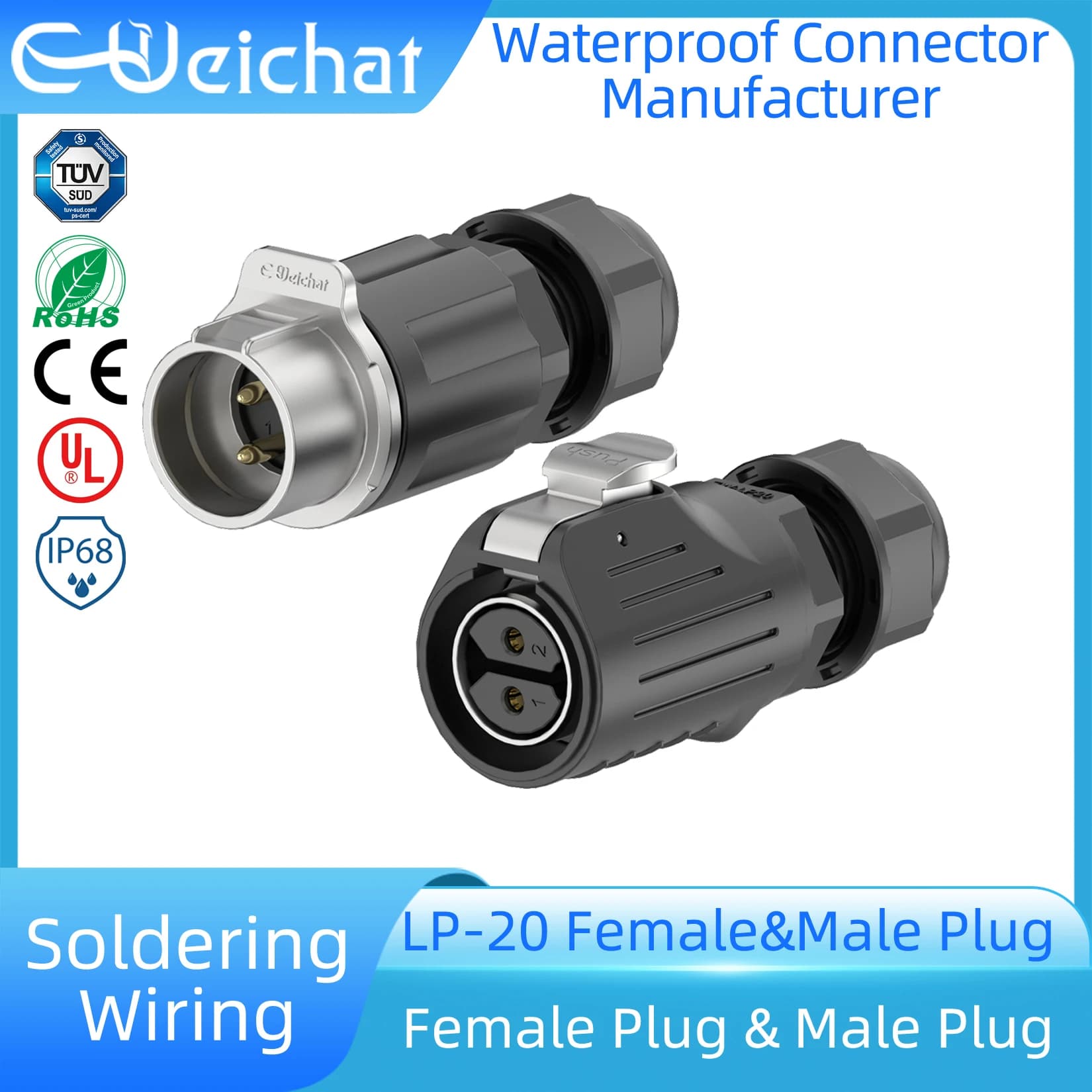LP20 IP68 Waterproof Connector 2-14 Pin Metal + PBT Female Plug + Male Plug Industrial Circular Aviation Electrical Connector