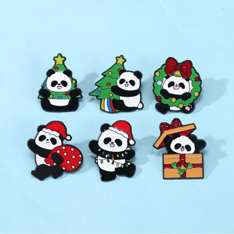 Christmas Panda Cartoon Brooch Alloy Badge Cute Christmas Tree Santa Claus Panda Shape Pin DIY Clothes Bags Hat Scarf T-shirt