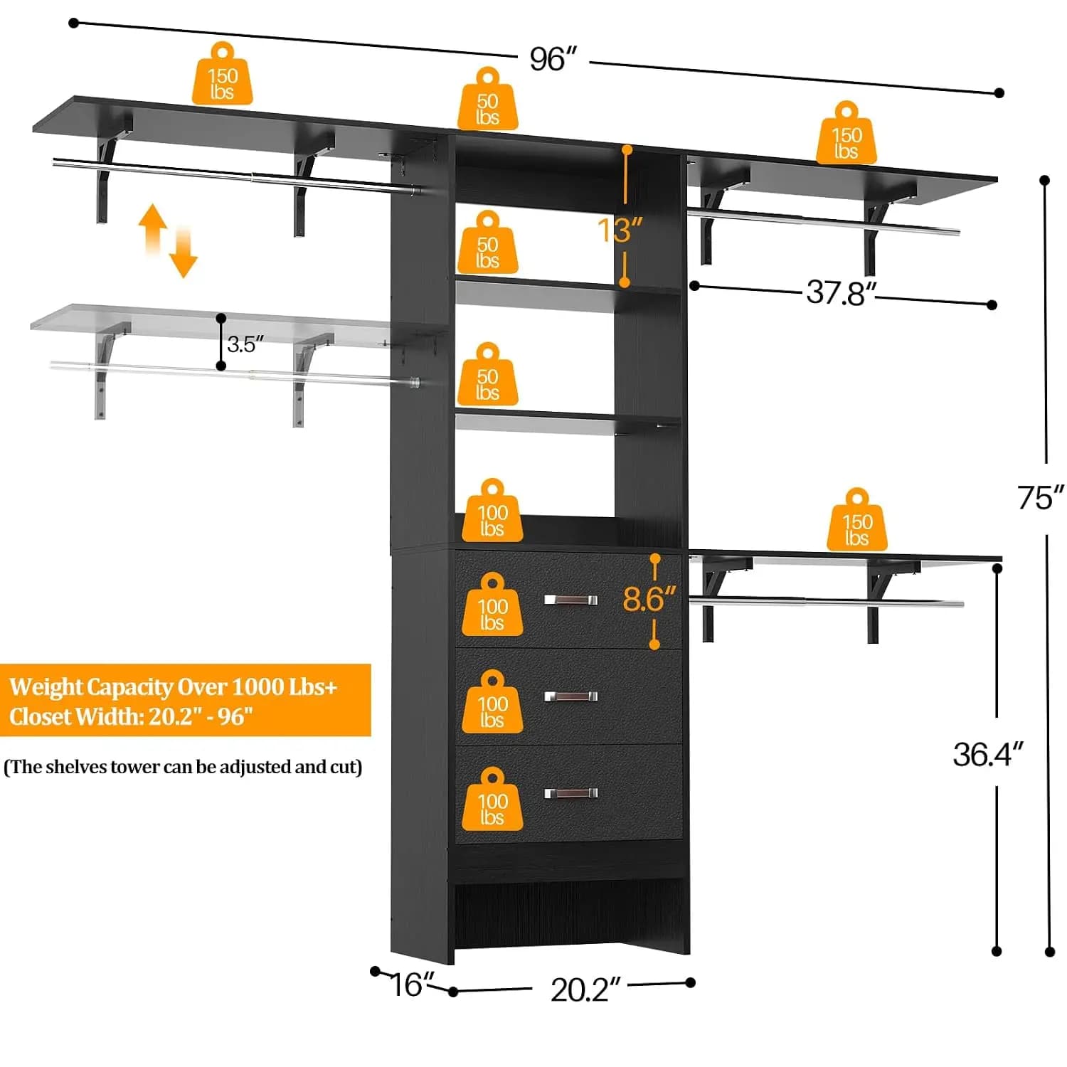 Closet System with Drawer, 8FT Wood Closet Organizer System with 3 Hanging Rods and Shelving Tower, 96" Walk In Closet Organize