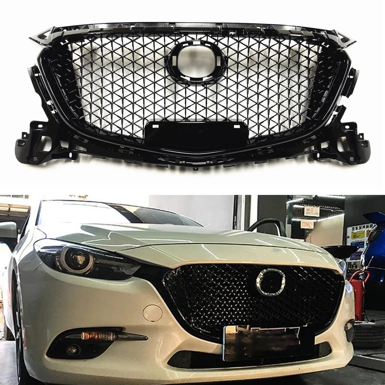Glossy Black Car Front Grille Grill Upper Bumper Hood Mesh Auto Part For Mazda 3 Axela 2017-2019 Honeycomb Style