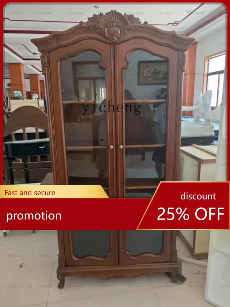 CZ  European-style Home Vintage Solid Wood Carved Distressed Display Cabinet Sideboard Antique-style Wine Cabinet