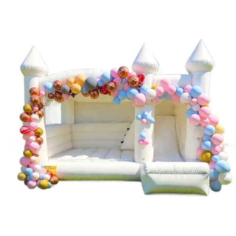 White bouncy castle jumping bed slides, party decorations, balloon arches, birthday decorations, toys
