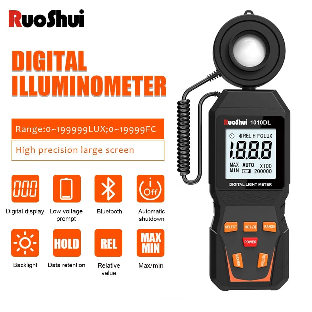 Ruoshui 1010DL Digital Light Illuminance Meter Bluetooth Enabled Luminance Meter Measuring Tool Parts For Environmental Testing