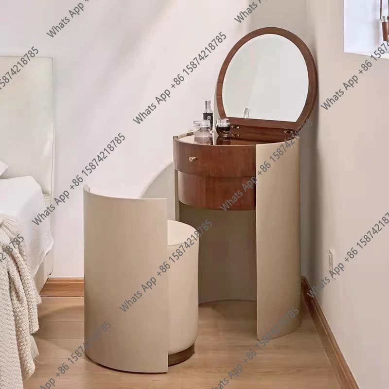 Small Apartment Dresser Bedside Storage Cabinet Integrated Log Cream Wind Bedroom Round Flip Makeup Table