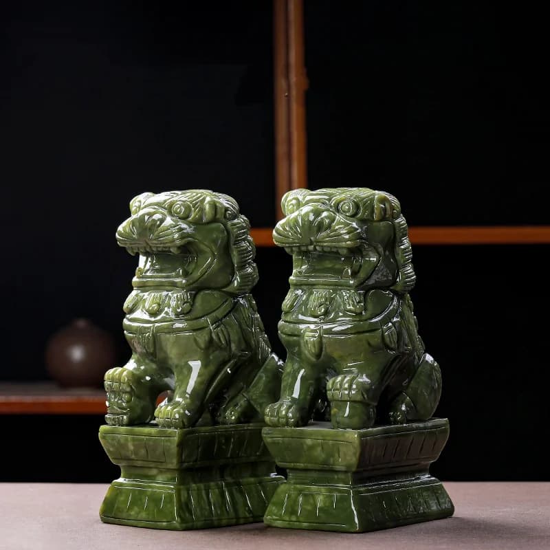Natural Jade Lion Statue Pair Ornament Xiuyu Nanyu Carved Desktop Figurines for Home, Feng Shui Lucky Decoration Auspicious Gift