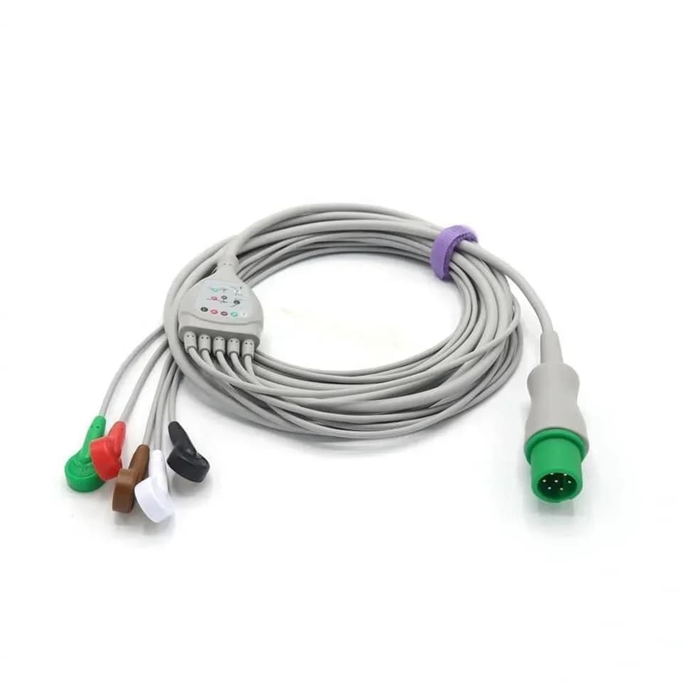 One-Piece Fixed EKG Leadwire – 7-Pin, AHA 5-Lead Snap, High Quality Factory Supply