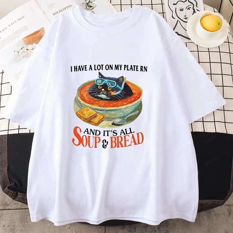 Soup and Bread Graphic Print Short Sleeve T-Shirt Unisex Funny Summer Casual O-Neck Tee Top Mens Womens Apparel Streetwear