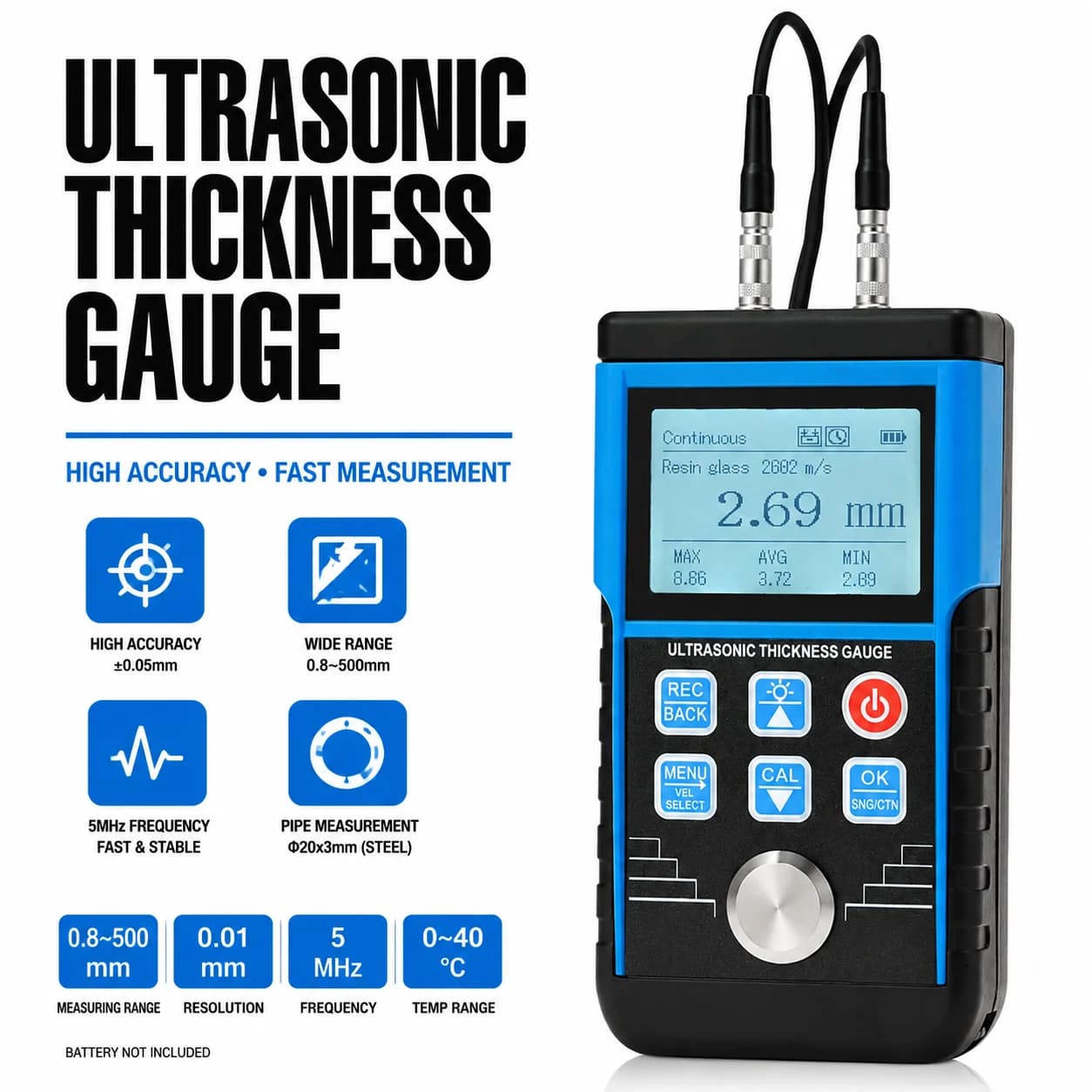 Ultrasonic Thickness Gauge 0.8-500mm, High Accuracy ±0.05mm, Thickness Gauge with 5MHz Probe (φ10mm), Resolution 0.01mm, MAX/AVG