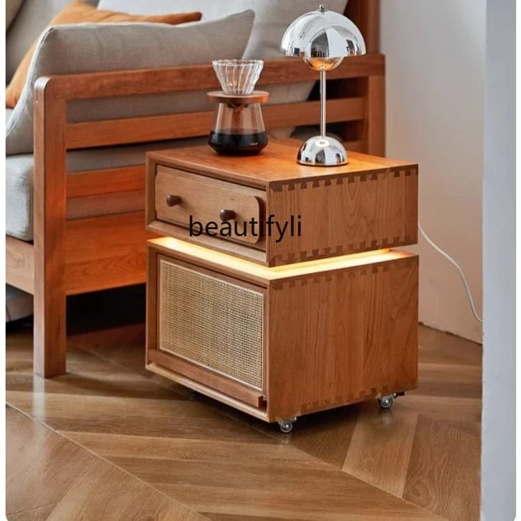 X All Solid Wood Bedside Table Movable Bedroom Small Apartment Ultra Narrow Bedside Storage Cabinet Cherry Wood