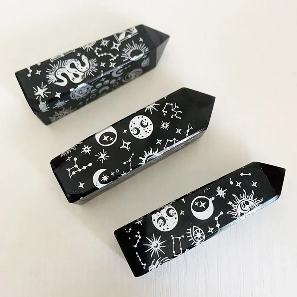 Natural Black Obsidian Point Tower Silver Rune Totem Constellation Astrology Star Moon Phase Reiki Healing Crystals Home Decor