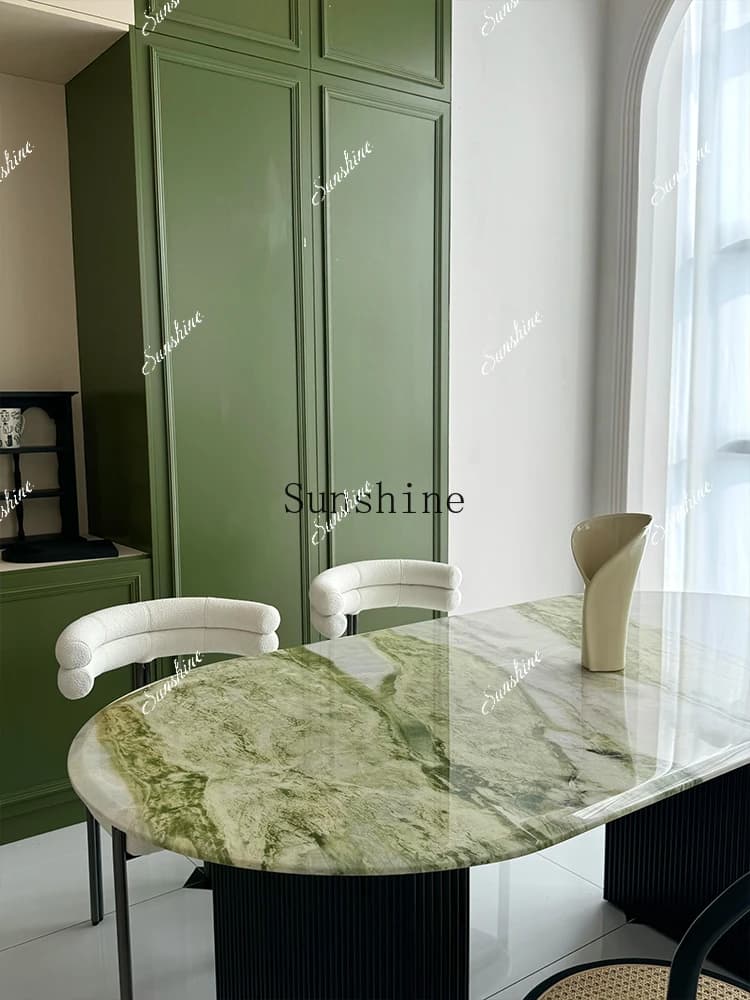 Pure natural green luxury stone French cream style oval simple dining table  FT