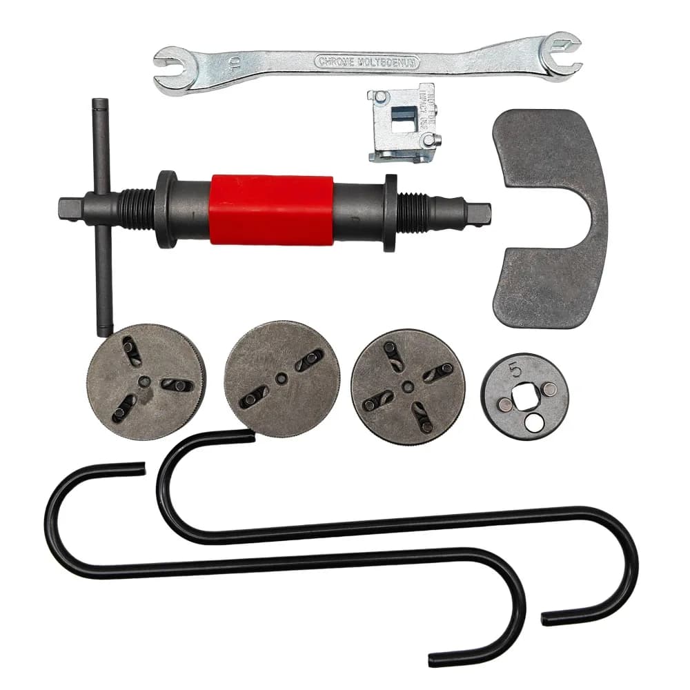 Brake pad disassembly and reset tool, pneumatic brake cylinder piston return adjustment, rust prevention ratchet replacement