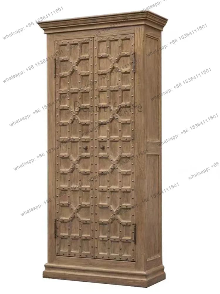 French retro solid wood wine cabinet double door rivet design American old dining side cabinet