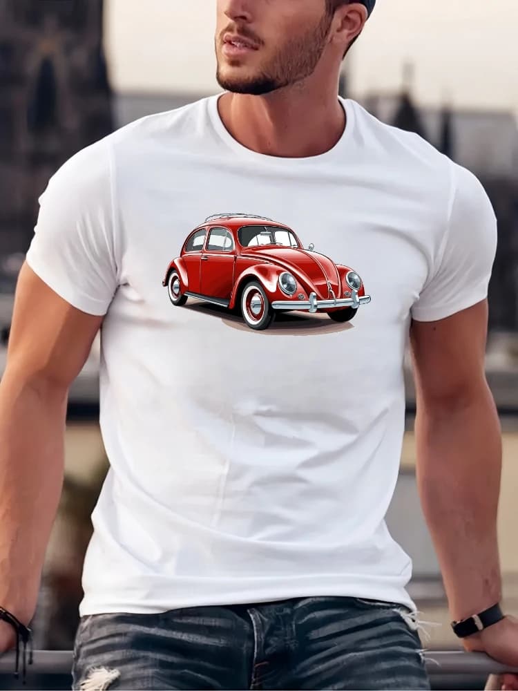 Classic red retro car, casual T-shirt with round neck and short sleeves, 100% cotton micro-elastic, and summer regular fit coat.