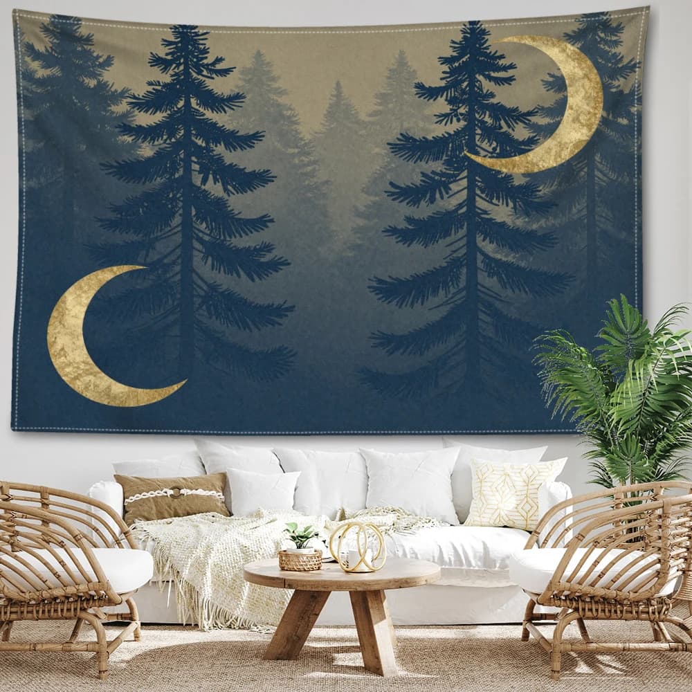 Navy Blue Misty Fir Double Moon Wall Tapestry, Symmetrical Boho Decor