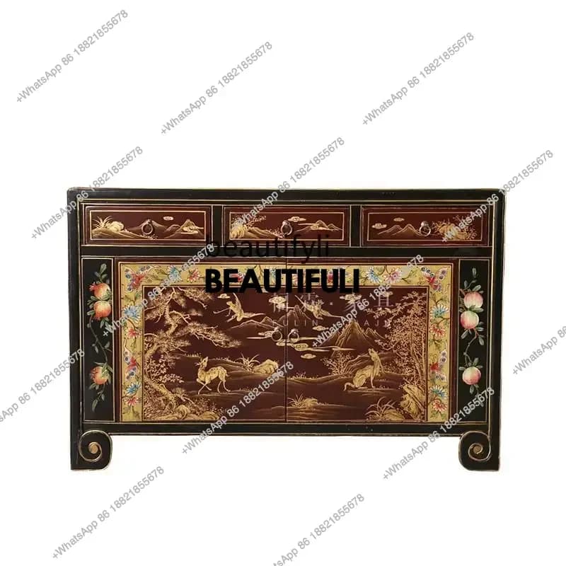 ss8350 Retro decorative Chinese side cabinet Solid wood entry foyer cabinet Gold painted partition cabinet Old furniture