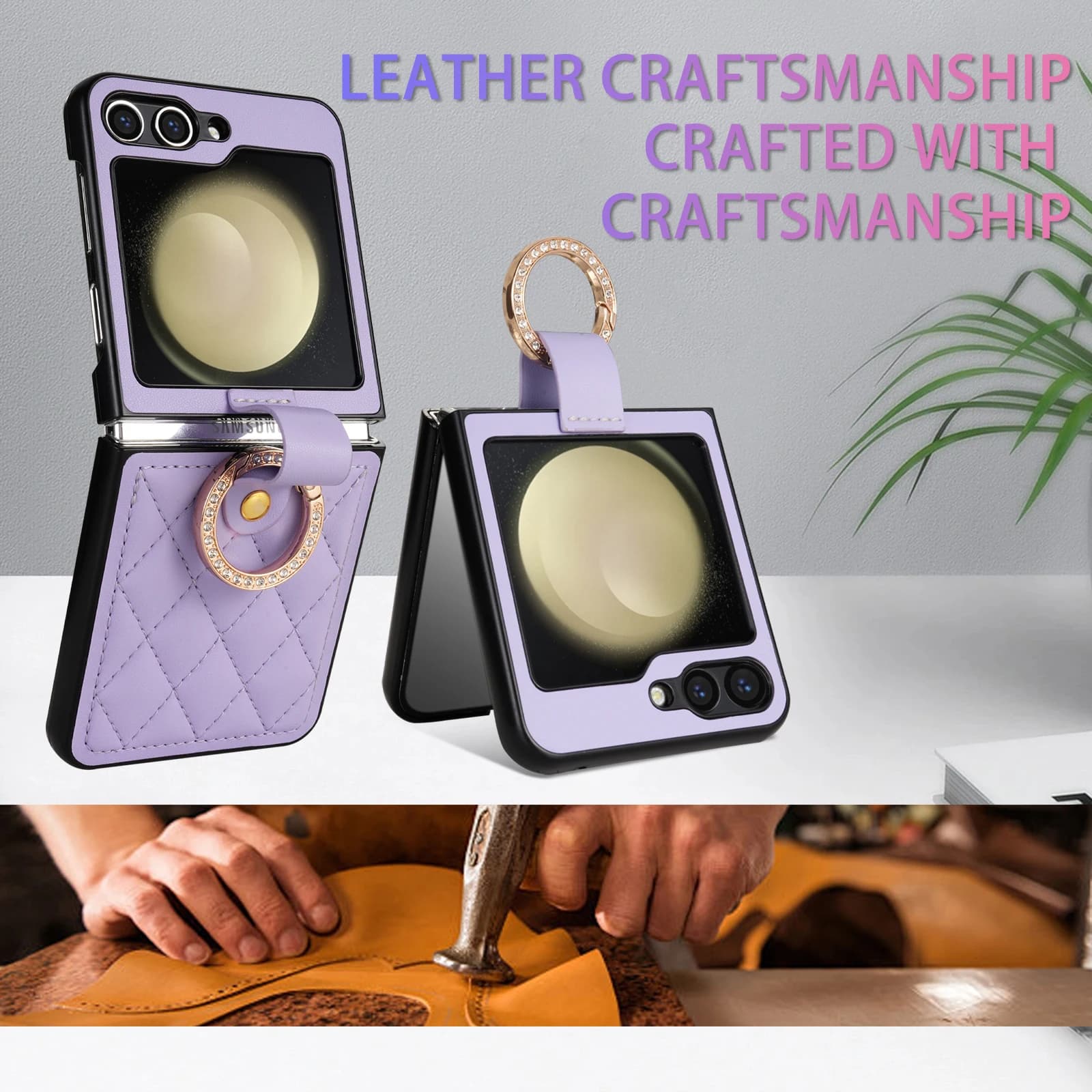 Luxury Ring Buckle Holder Leather Diamond Case For Samsung Galaxy Z Flip 6 5 4 3 5G Flip6 Flip5 Shockproof Phone Cover Fundas