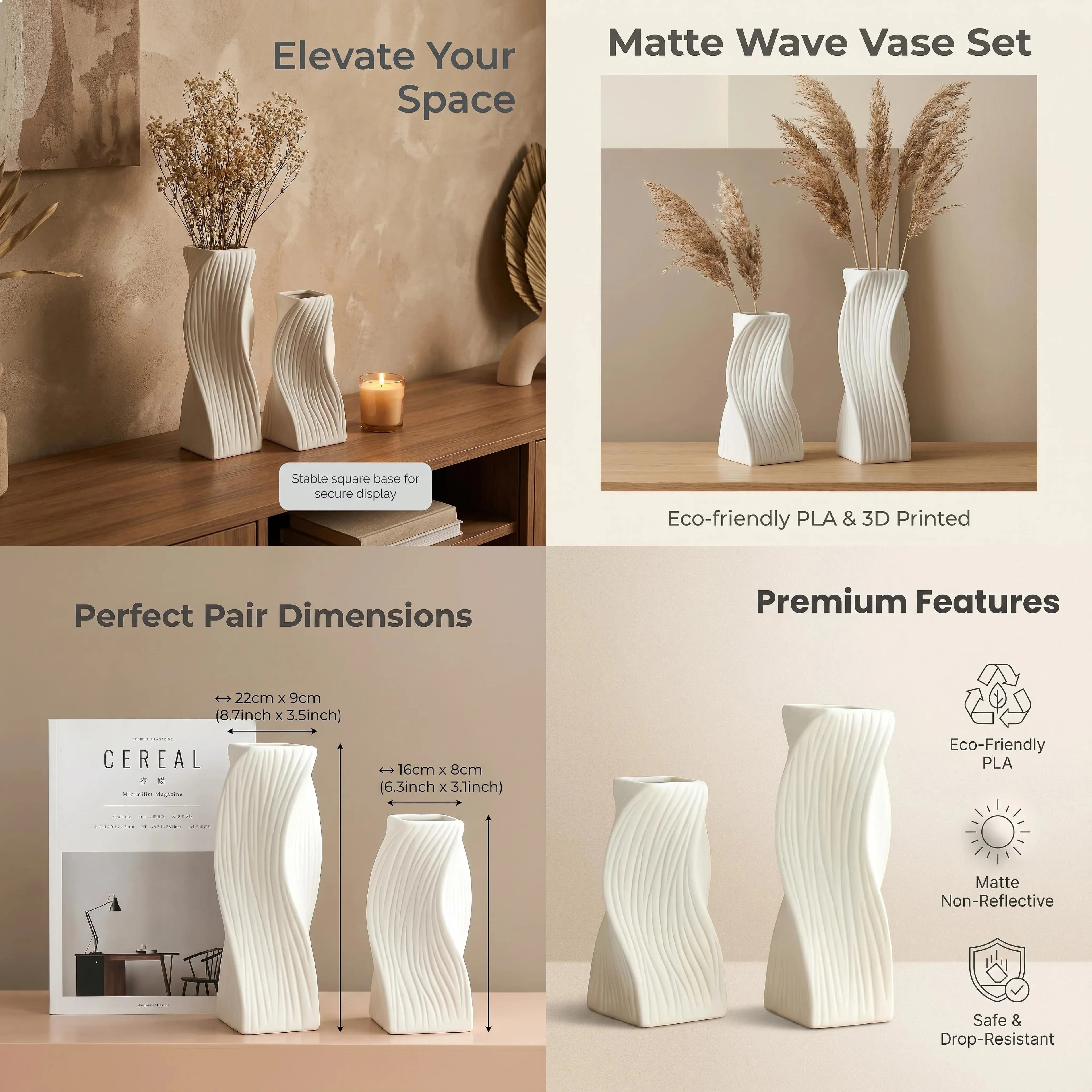 2-Piece Wabi-Sabi Irregular Decorative Vase Set, Made of Matte Pla Plastic, Modern Tabletop Decor, Suitable for Living Room