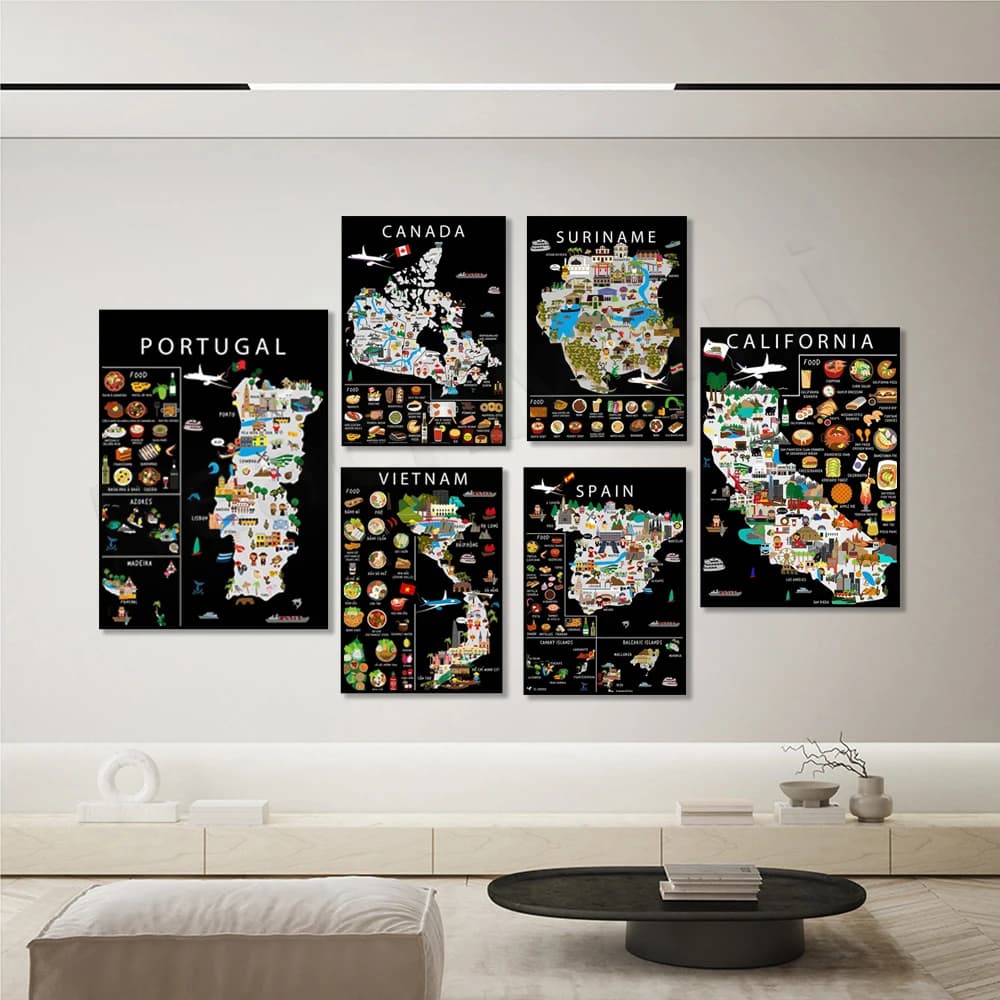 Ukraine, France, China, Turkey, USA, Vietnam, Portugal, Morocco, Spain, Suriname, New York, food print, funny travel map poster