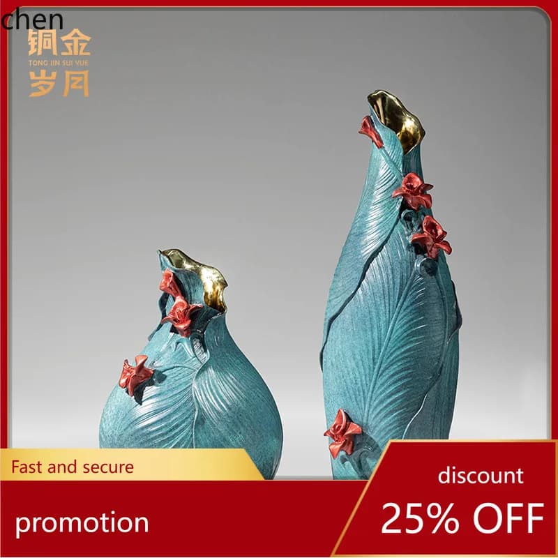 HT Copper Golden Years Beauty Canna Vase Brass Ornament Vase Container Dish Home Wall Cabinet Entrance Decoration Copper Craft
