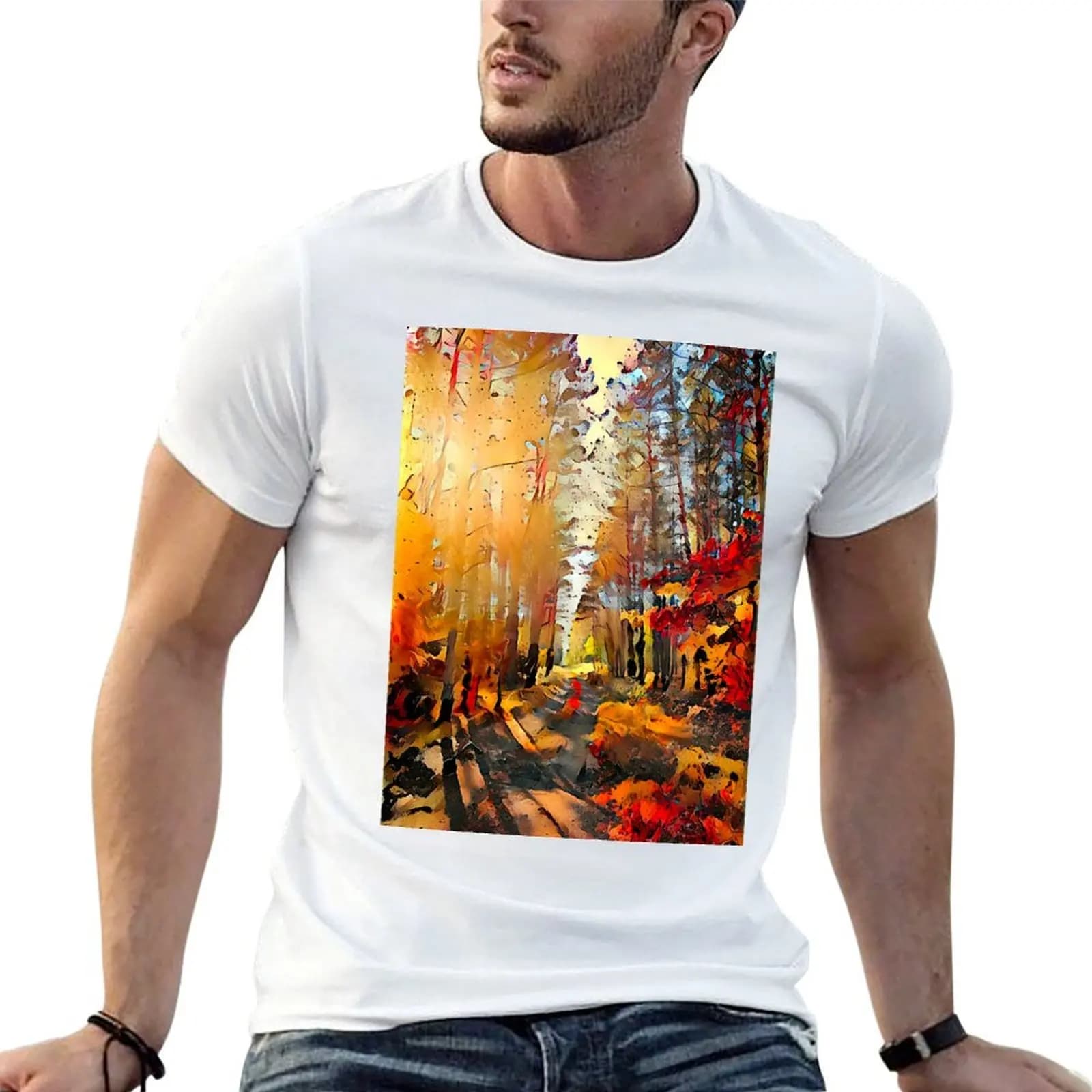 Splattered Portrait of an Autumn Forest Path T-Shirt croswit shirt man tops heavy weight t shirts for men