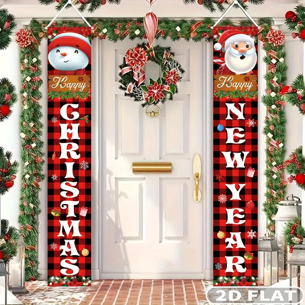 2D FLAT 1pair Christmas & New Year Porch Hanging Banners - Polyester Home Entrance Porch Decorations, Santa & Snowman Decor