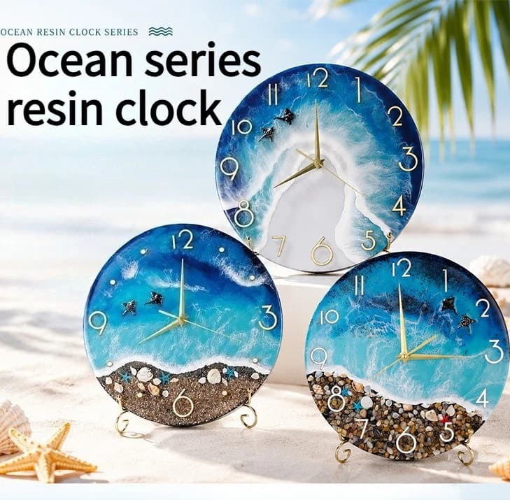 NEW Creative Blue Ocean Wave Resin Clock with Stone Shell Embedded 3D Beach Desktop Silent Seat Clock