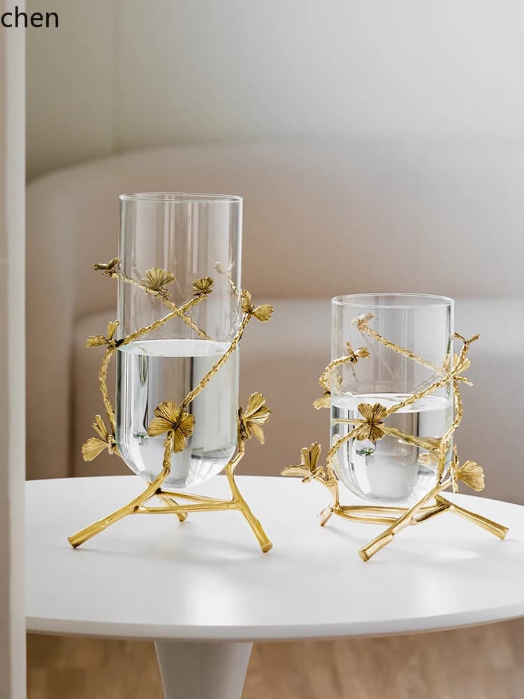 YXY Light Luxury Brass Glass Vase Living Room TV Cabinet Fresh Flower Hydroponic Plant Ornament