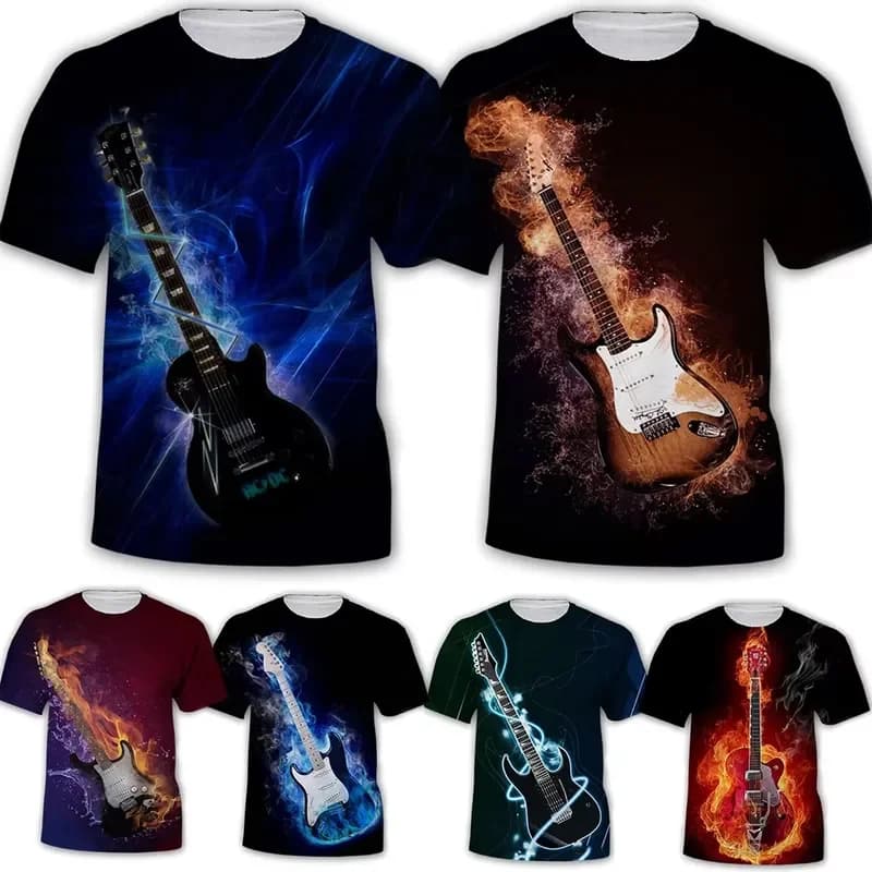 2026 Trendy Unisex Short Sleeve T Shirt Featuring Bold 3D Printed Guitar Design Summer Fashion and Rock Music