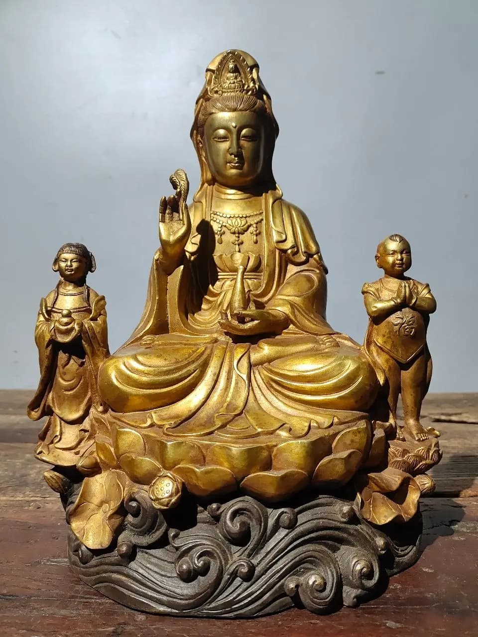 12"Tibetan Temple Collection Old Bronze Cinnabar Mud gold Golden Boy and Jade Girl Guanyin Buddha Worship Hall Town House