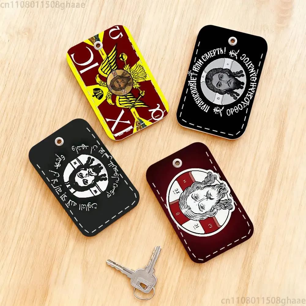 Christ R‑Religion J‑Jesus Rectangle Card Case Keychain Access Card Bag Key Tag Ring Leather Card Holder Key Ring Access
