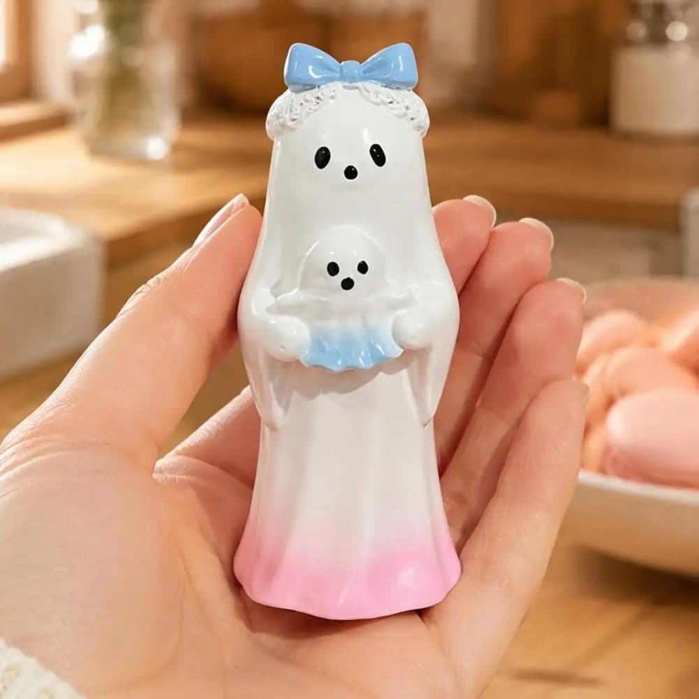 Halloween Cute Ghost Ornament Resin Ghost Figurines with Cookie Design for Desktop Fireplace Home Holiday Party Decor