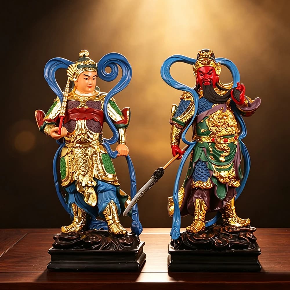 Wei-Tuo & Qie Lan Bodhisattva Statue, Gold‑Plated Resin Skanda & Sangharama Bodhisattva Figurine, Home Worship Altar Decor, 11in