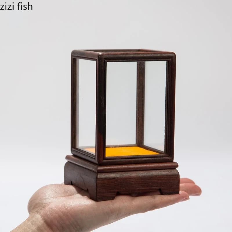 Square Transparent Glass Cover Wooden Pallets Display Stand Small Dust Cover Home Decor Ornament Display Box Decorative Shelves
