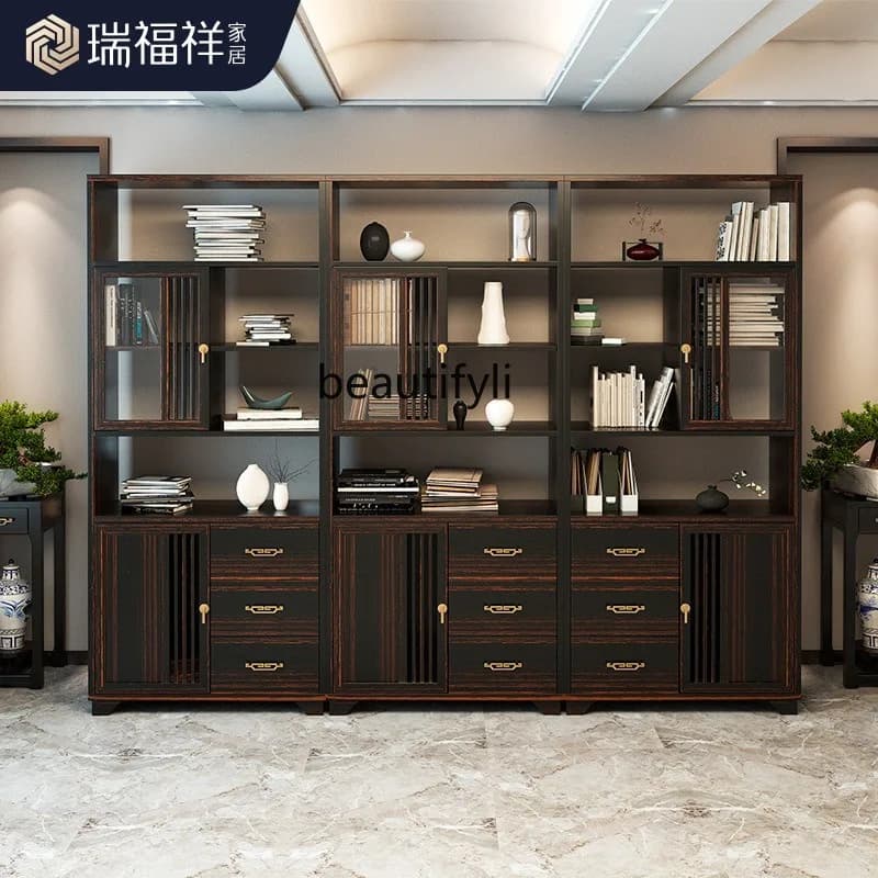 New Chinese-style gold silk sandalwood bookcase, all solid wood storage locker, office display cabinet