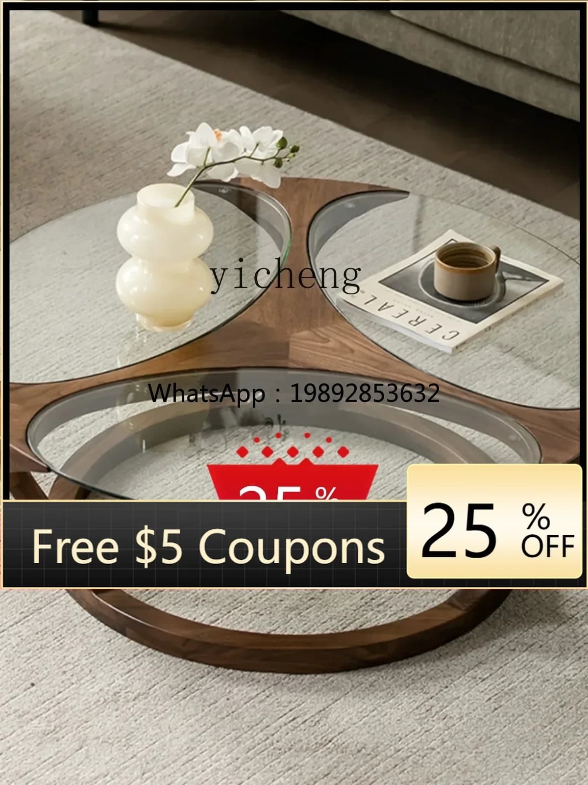 Black Walnut Glass Shaped Tea Table Living Room All Solid Wood round Tea Table Sofa Side Table
