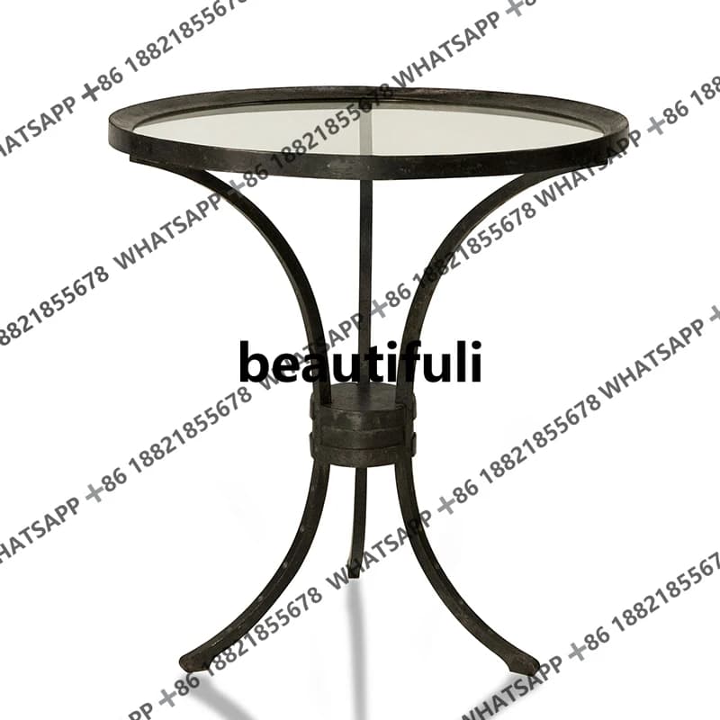 Classical light luxury coffee table black retro metal tripod glass round coffee table