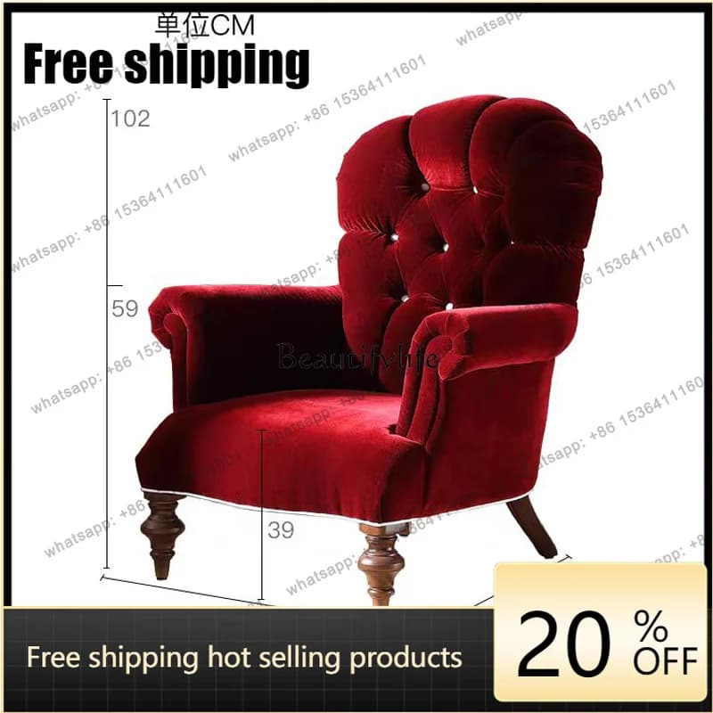XX American Retro Orange Buckle Fabric Single Sofa Chair Solid Wood Living Room