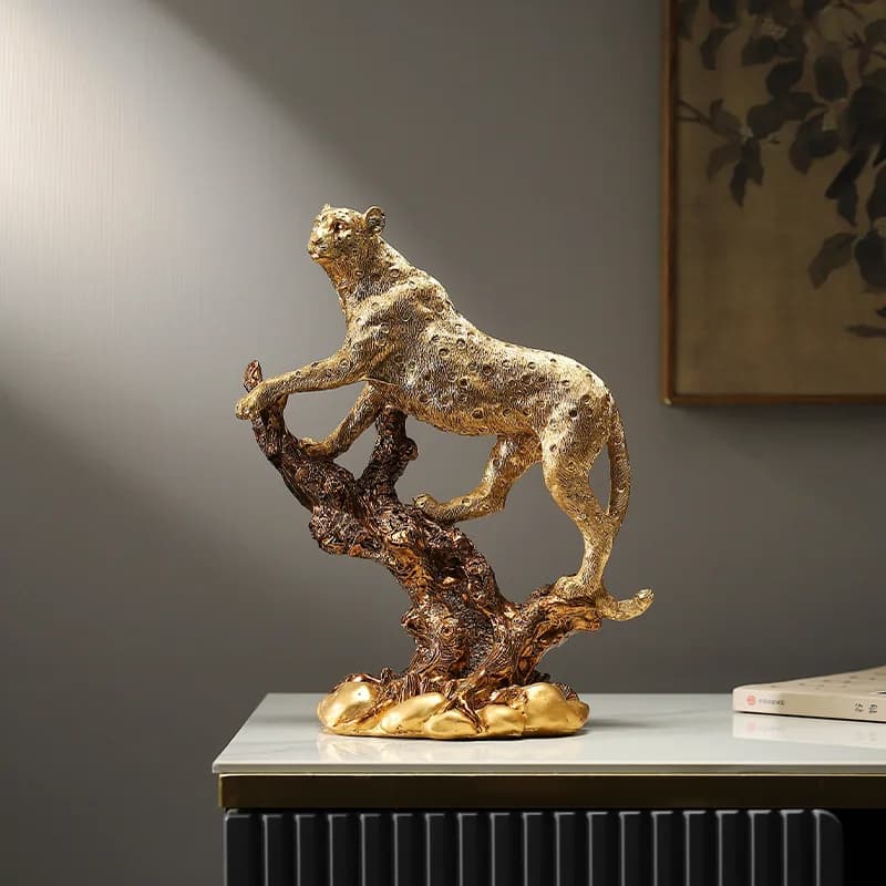 Golden Leopard Ornaments, Resin Crafts, Leopard Sculptures, Elegant Wildlife Sculptures for Modern Homes and Offices