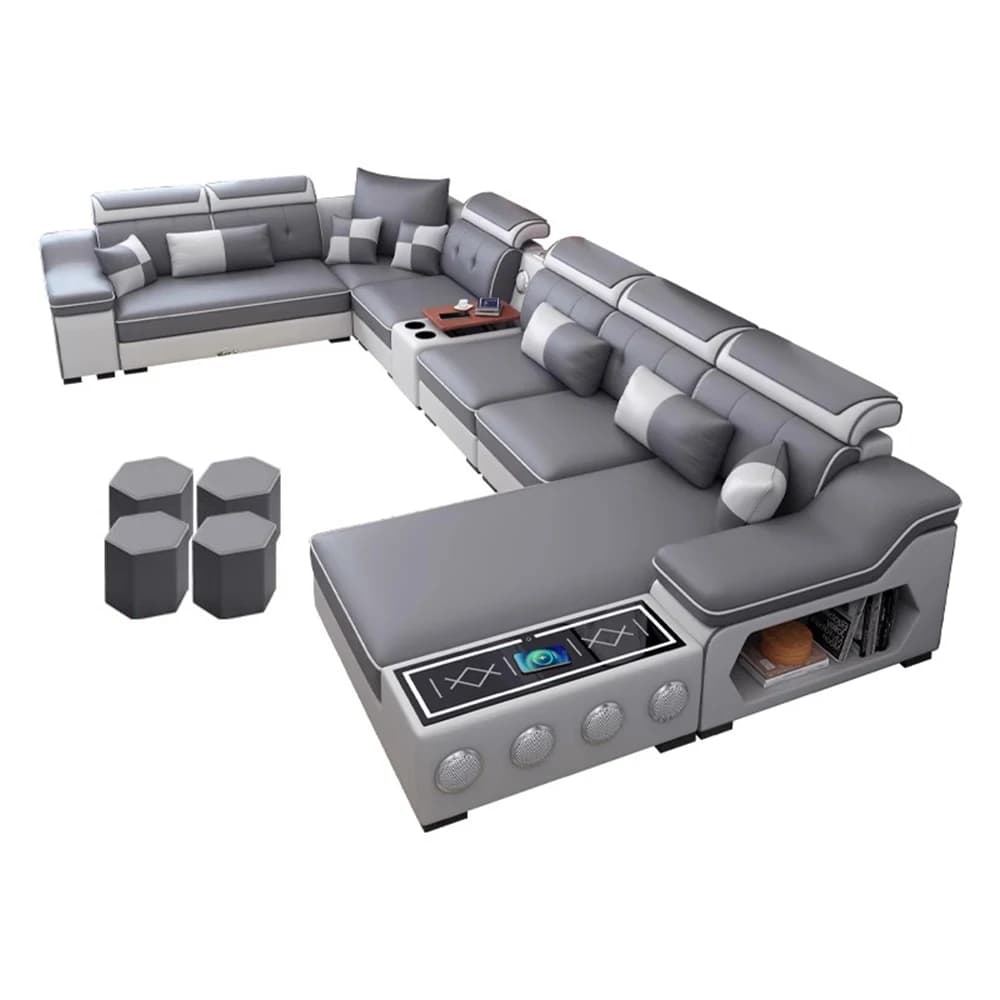 Linlamlim Modern Scientific Fabric Sectional Sofa Set with Chaise Lounge, Bluetooth Speakers, USB Charging Ports for Living Room