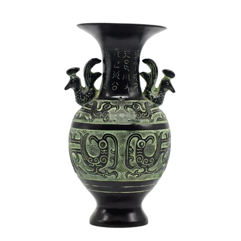 Chinese Old Bronze Vase Double Phoenix Handles Bronze Ornament Home Feng Shui Decor Flower Arrangement Collectible Craft