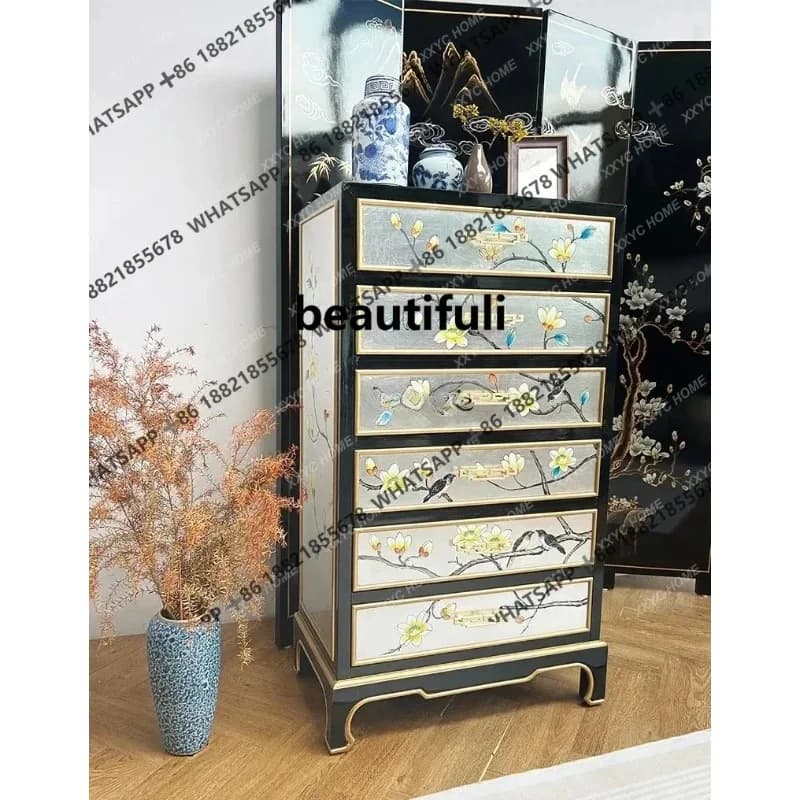 RR New Chinese light luxury living room entrance storage side cabinet bedroom drawer storage hand-painted decorative cabinet