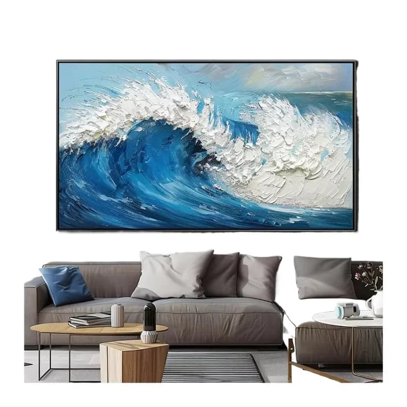 Living room decoration handmade blue and white modern seascape painting sea wave 3D wall art