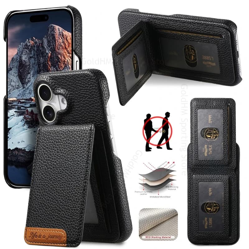 For iPhone 17 Pro Max Leather Shockproof Flip Stand Case For Apple 17 Air 16E 13 14 15 16 Pro Max RFID Card Slot Kickstand Cover