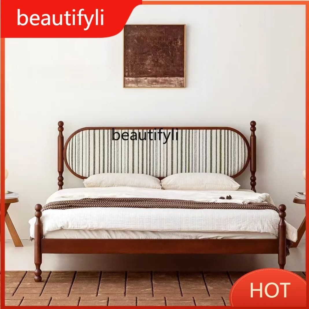 A139 Vintage French Style Double-Sided Rotatable Retro Fabric Bedroom Solid Wood Bed 1.8m Double Bed