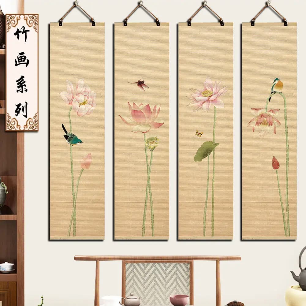 Zen Lotus Bamboo Scroll Tapestry Wall Hanging Chinese Aesthetic BnB Room Decor Water Lily Art for Living Room Home Wall Ornament